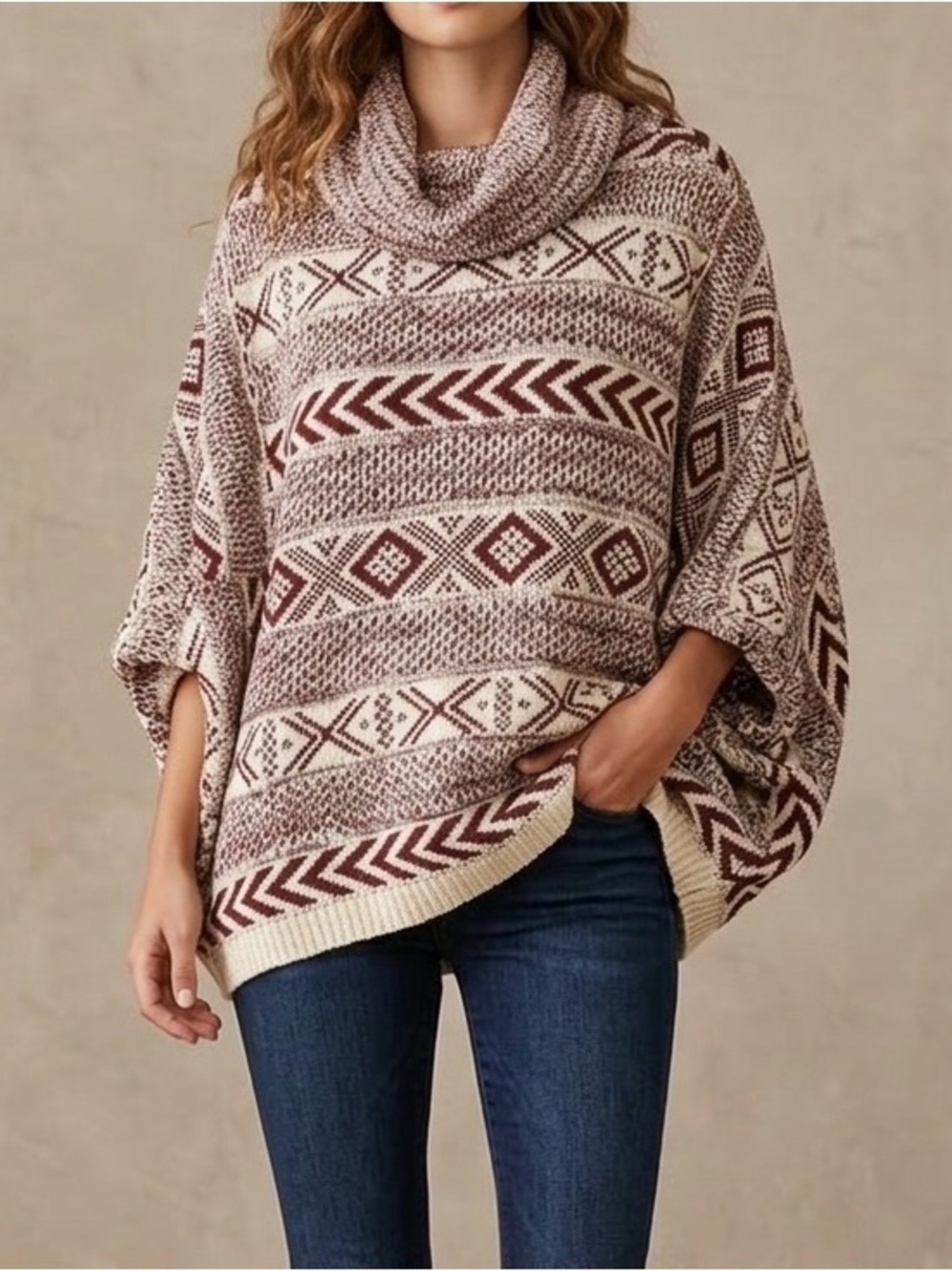 Eyeshadow Southwestern Dolman Sleeve Poncho Sweater Womens XL Red Cream Aztec